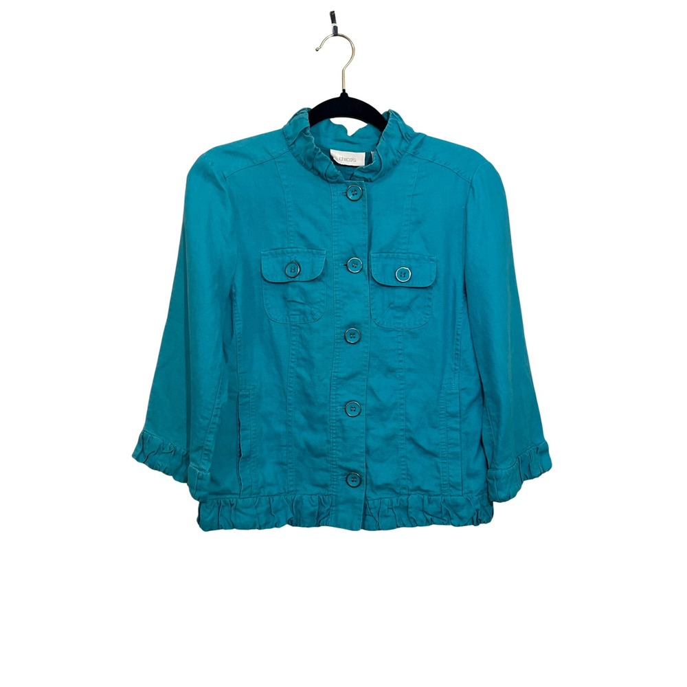 Chico's Teal Linen Ruffle Jacket‎ Women Size 0 Blue 3/4 Sleeve Button Up